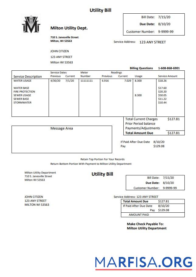 Printable USA Massachusetts Milton Utility Dept water utility bill template in Word and PDF format